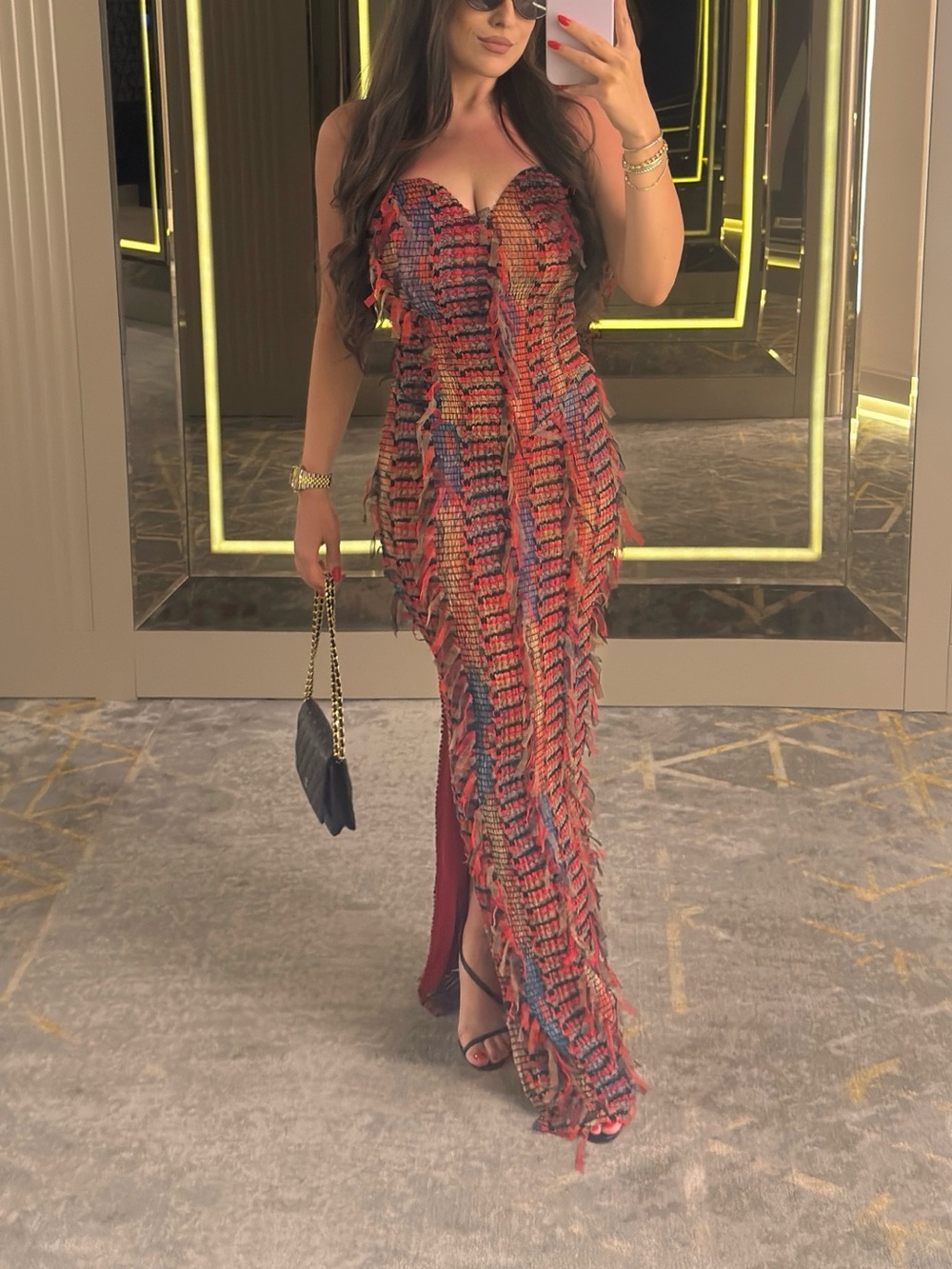 Jasmine Maxi Dress Strapless Red Multi-Texture Fringe Evening Gown